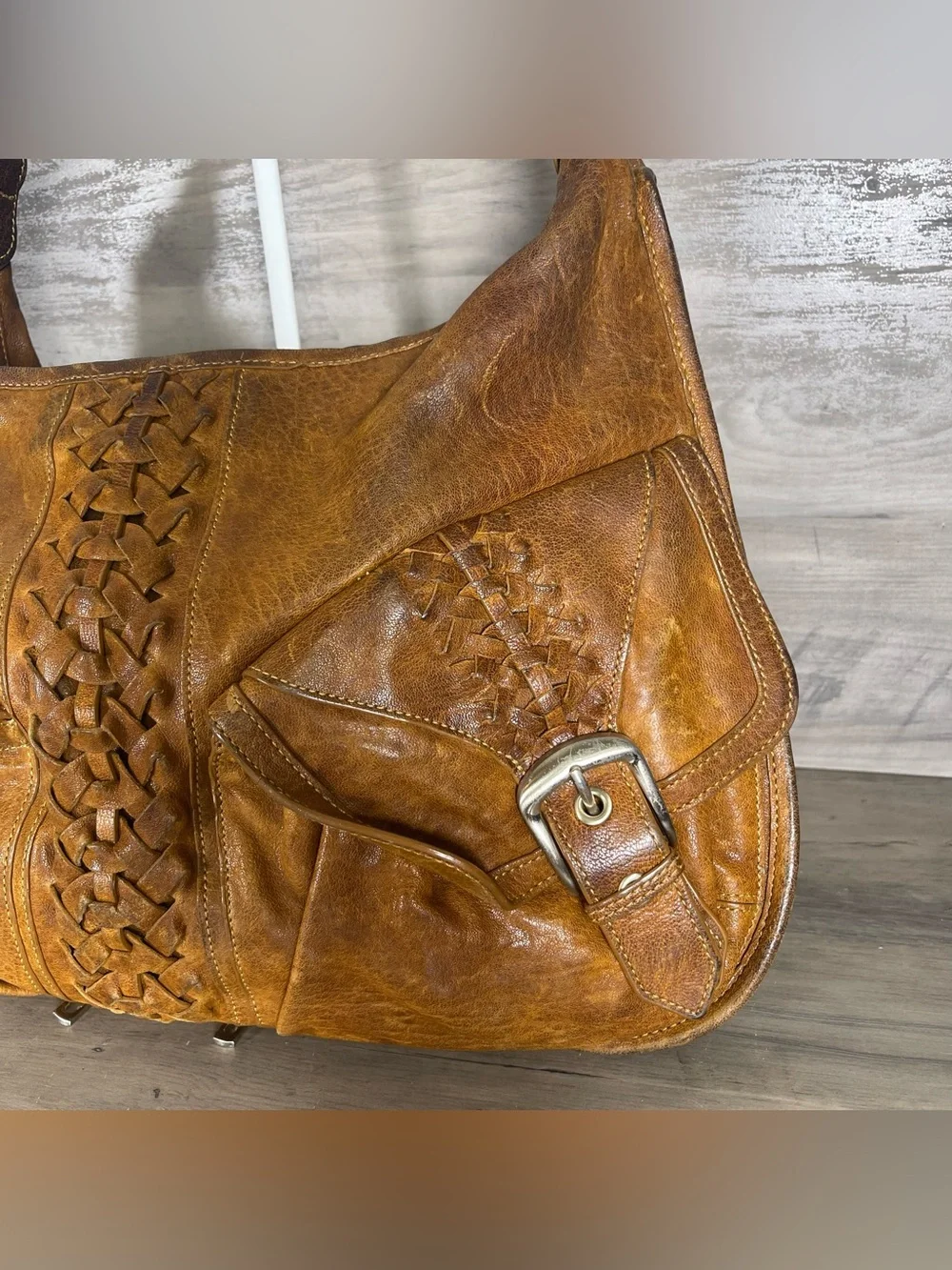 Junior Drake Tan Brown Leather Expandable Hobo Bag 90s Y2K Braided Buckles